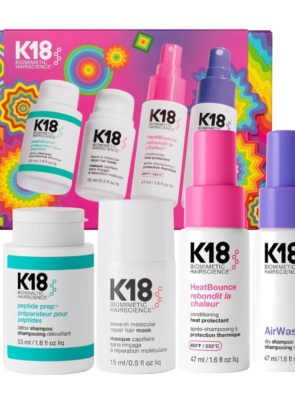 K18 Mini Hair Kit: Detox Shampoo, Repair Mask, Heat Protectant, Dry Shampoo 4 Pc